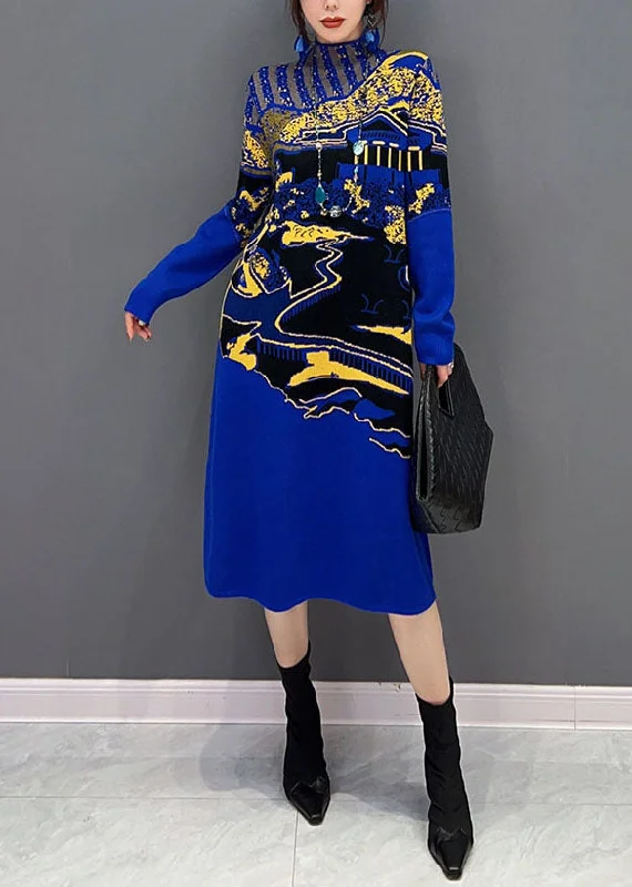 maxi dresses for womenFine Blue Hign Neck Print Knit Long Dresses Winter