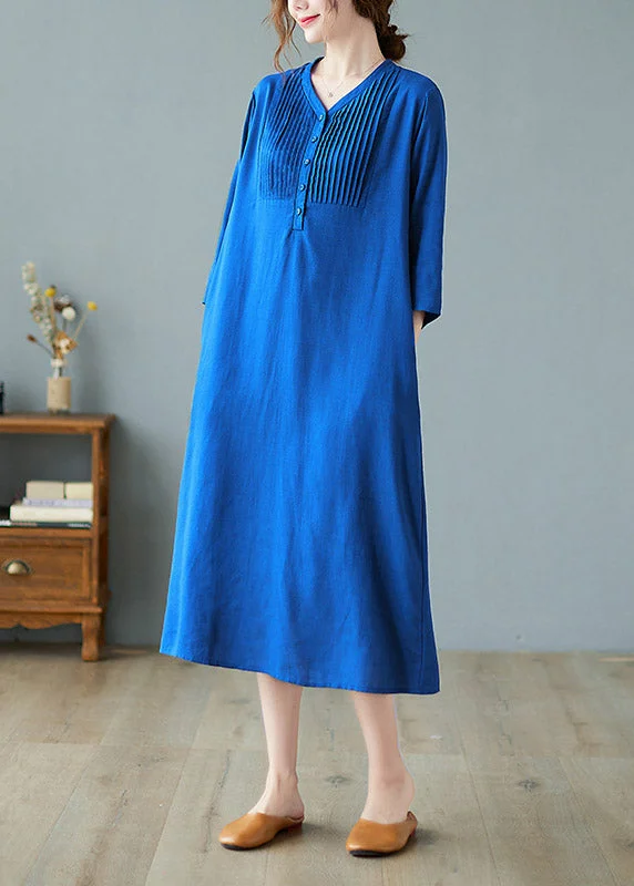 vintage maxi dressesPlus Size Blue Wrinkled Linen Long Dresses Half Sleeve