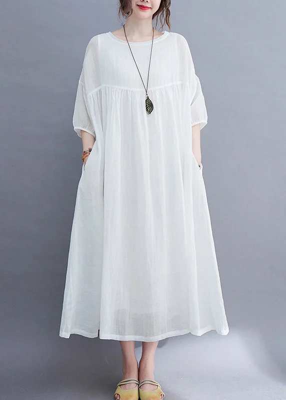 cotton maxi dressesElegant White O-Neck wrinkled Extra large hem Long Dress Half Sleeve