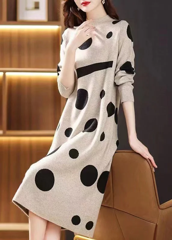 maxi dresses for black-tie eventsBeige Print Patchwork Woolen Long Dresses Stand Collar Fall