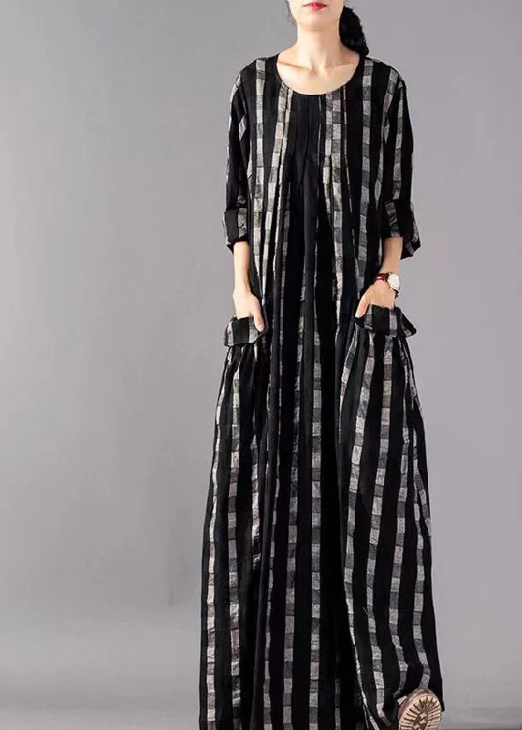 maxi dresses with flutter sleevesVintage Black O-Neck Plaid Print Cotton Long Dresses Long Sleeve