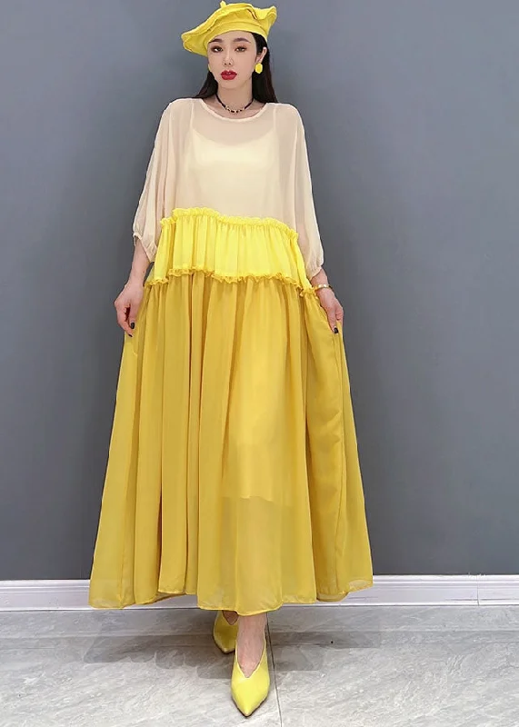 maxi dresses for summerStylish Yellow Colorblock Ruffled Patchwork Chiffon Long Dress Batwing Sleeve