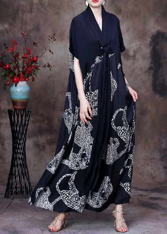 maxi dresses for all seasons and occasionsLoose Black V Neck Patchwork Print Silk Vacation Long Dress Short Sleeve