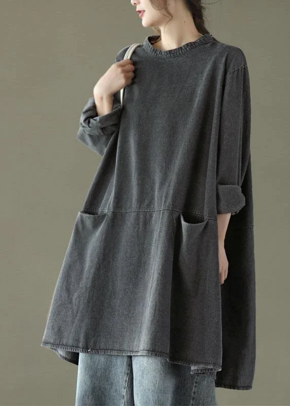 maxi dresses under $100Boho Black Grey O-Neck Pockets Denim Long Dresses Long Sleeve