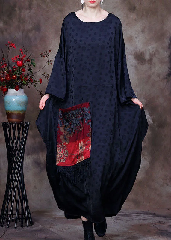 maxi dresses for casual strollsVintage Black Embroideried Asymmetrical Design Patchwork Big Pocket Silk Long Dress Batwing Sleeve