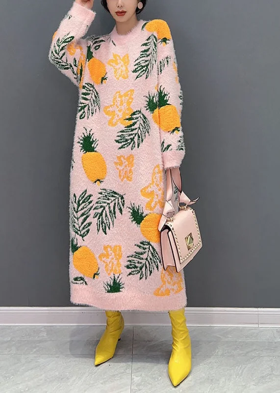 maxi dresses with pocketsLoose Pink O-Neck Oversized Print Mink Hair Knitted Long Knit Dress Winter