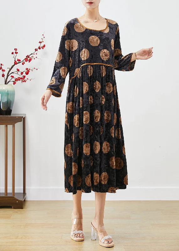 maxi dresses for cool weatherBeautiful Black Oversized Print Silk Velour Long Dress Fall