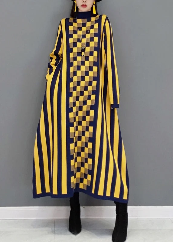 maxi dresses for formal eventsFrench Yellow Striped Hign Neck Patchwork Knit Long Dress Fall