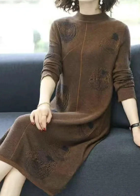 maxi dresses with lace-up detailsCoffee Cozy Cotton Knit Long Dress Turtleneck Long Sleeve