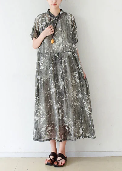 lace maxi dressesElegant gray silk Long Shirts fine Cotton Chinese Button Traveling summer Dress