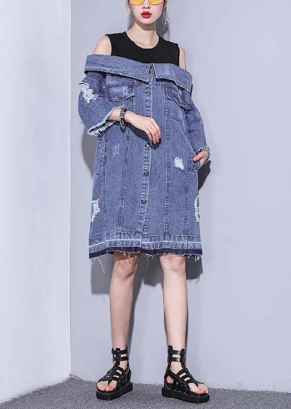 maxi dresses for casual strolls100% denim blue Cotton Long Shirts Slash neck oversized summer Dresses