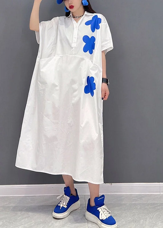 maxi dresses with pockets and sleevesPlus Size White Peter Pan Collar Print Long Dresses Short Sleeve