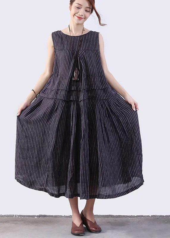 maxi dresses with beltsWomen chiffon Long Shirts plus size Folded Splicing Stripe Women Dark Blue Vest Dress