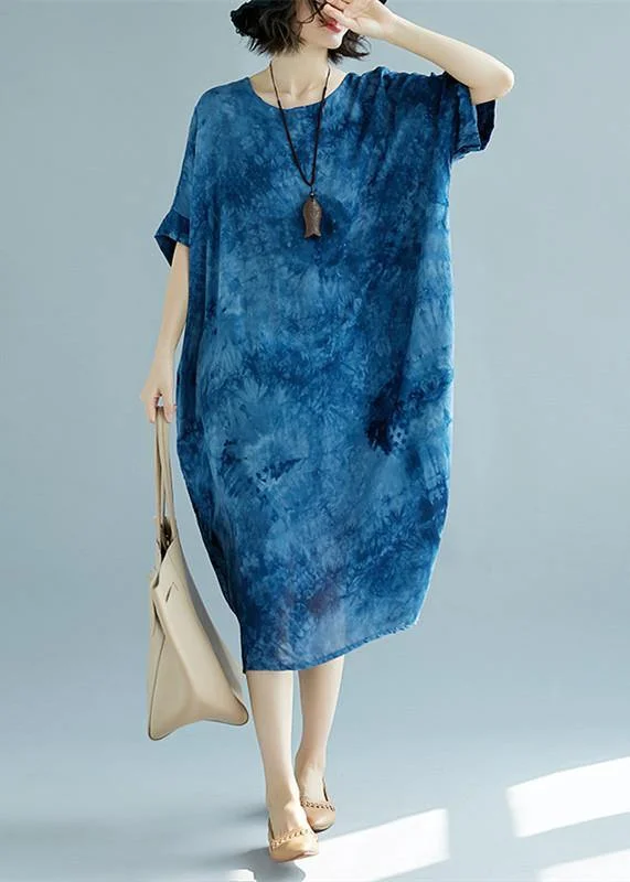 maxi dresses with empire waists2024 blue long linen dress plus size O neck floral linen clothing dresses casual short sleeve baggy dresses linen caftans