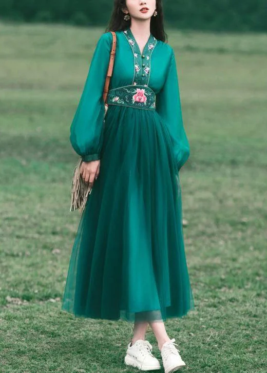 maxi dresses for music festivalsNew Green V Neck Embroidered Tulle Long Dress Spring