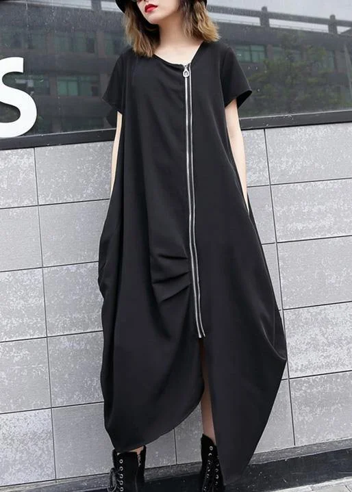 maxi dresses with back pocketsHandmade black asymmetric cotton Long Shirts zippered long summer Dress