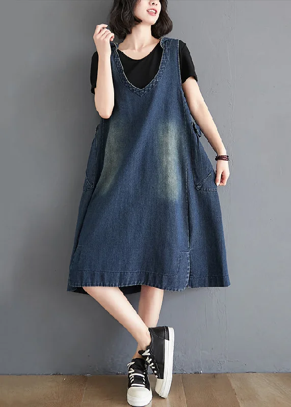 maxi dresses with sleevesModern Blue HoodedPockets Patchwork Denim Waistcoat Long Dress Sleeveless