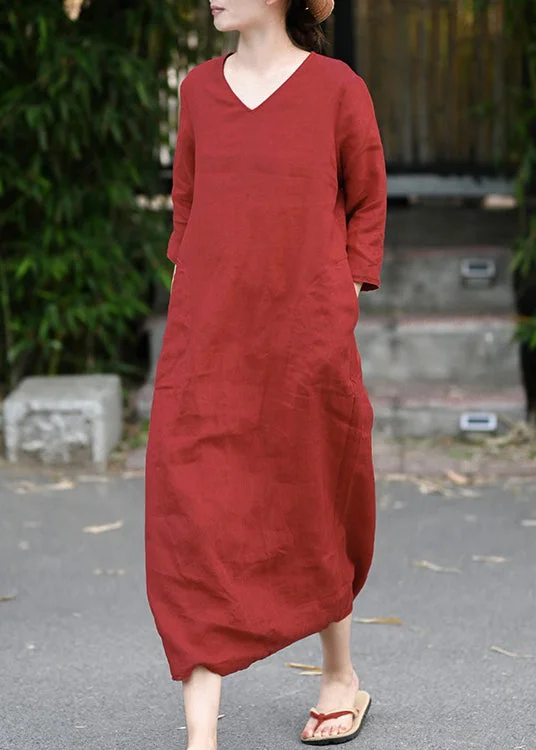 maxi dresses with keyhole backsRetro Red V Neck Pockets Linen Long Dress Three Quarter Sleeve