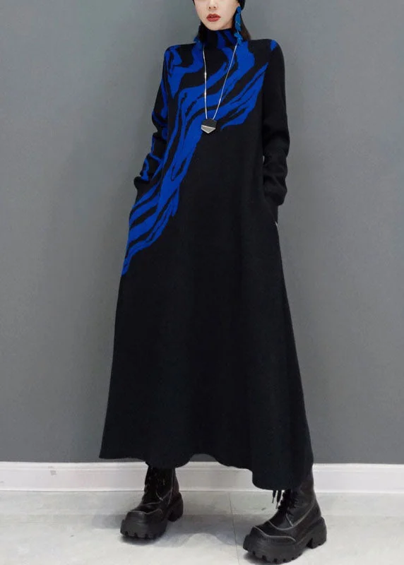 maxi dresses with spaghetti strapsWomen Blue Turtle Neck Knit long Dress Spring