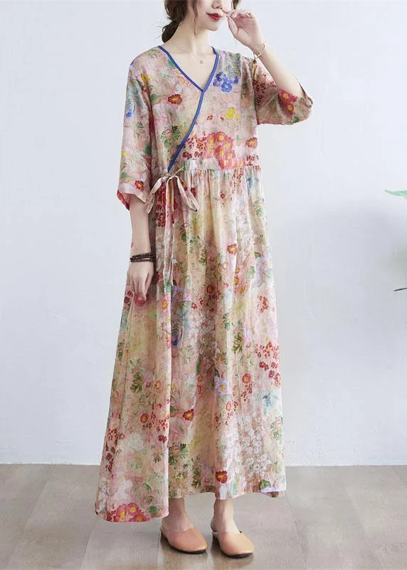 maxi dresses with off-the-shoulder necksSimple Print V Neck Floral Summer Tie Waist Long Dresses Half Sleeve