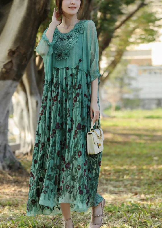 maxi dresses with built-in brasStylish Lake Green Embroideried Patchwork Silk Long Dress Half Sleeve