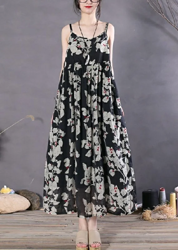 maxi dresses with mermaid silhouettesChic Black Print Wrinkled Spaghetti Strap Long Dress Sleeveless