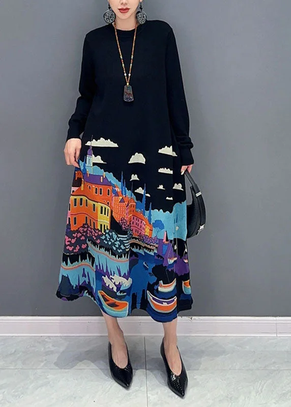 maxi dresses for cool weatherBeautiful Black O-Neck Print Knit Long Sweater Dresses Fall