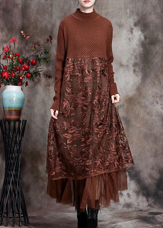 maxi dresses for summerChocolate O-Neck Embroideried Patchwork Fall Long Knit Dress