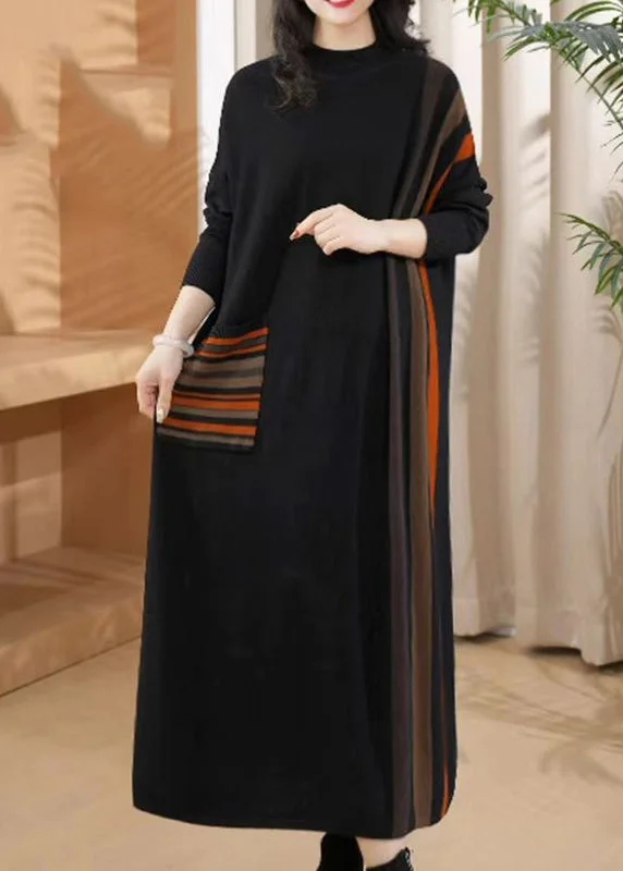 maxi dresses for yoga and meditationFashion Black O-Neck Striped Patchwork Thick Cotton Knit Long Dress Winter