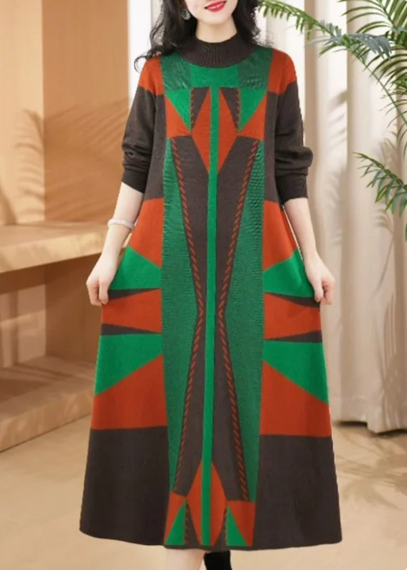 elegant maxi dressesChic Green O Neck Geometric Woolen Long Knit Dress Winter