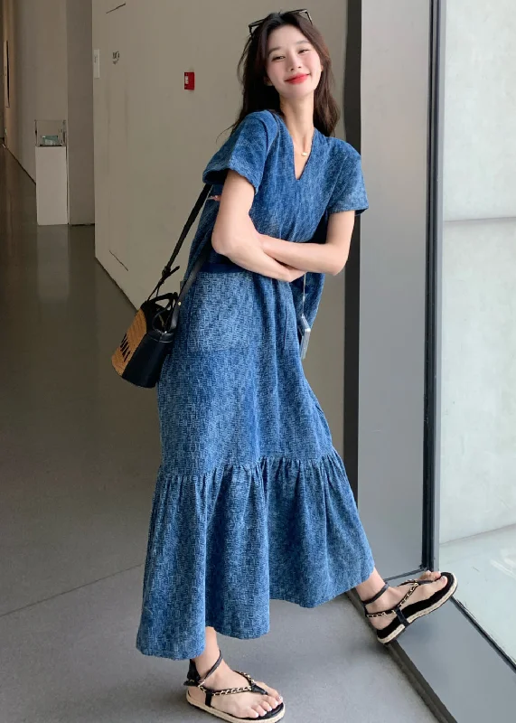 maxi dresses with buttonsNew Blue V Neck Pockets Denim Long Dress Summer