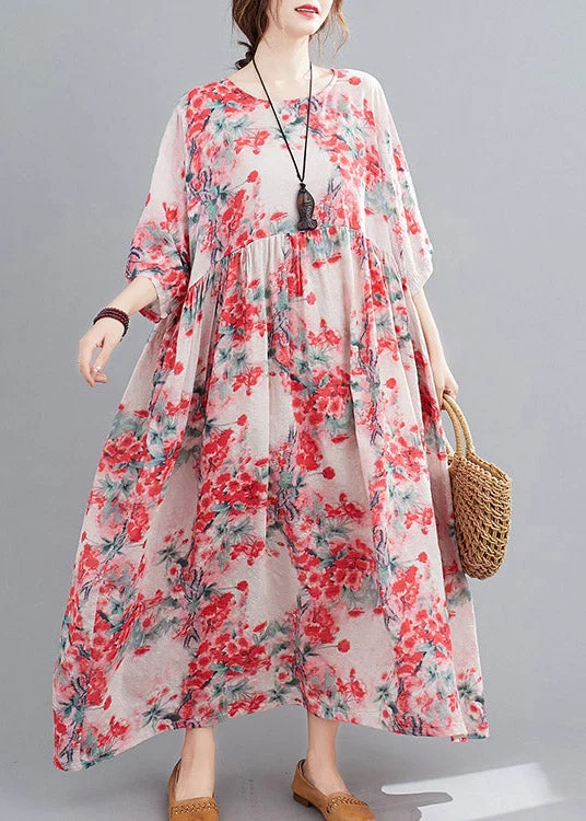 maxi dresses under $50Art O-Neck Pink Print Wrinkled Linen Long Dresses Three Quarter Sleeve