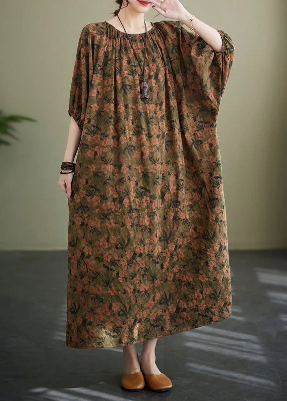 maxi dresses with pocketsChic Floral O Neck Wrinkled Patchwork Cotton Long Dresses Lantern Sleeve