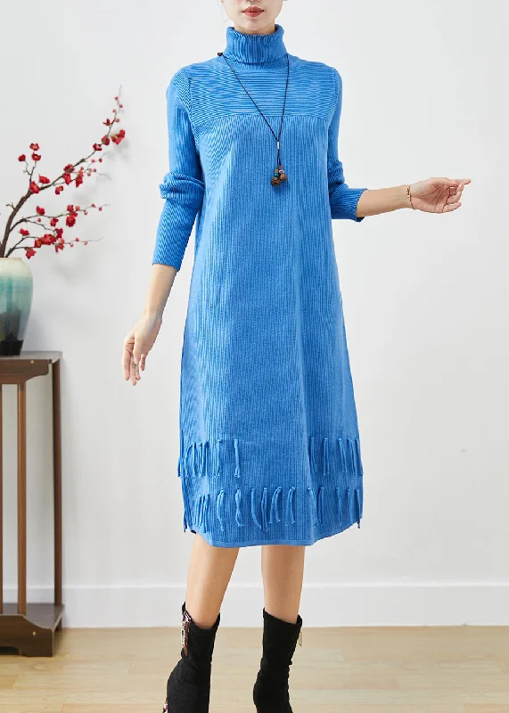 maxi dresses with halter necksWomen Blue Tasseled Patchwork Knit Long Dress Fall