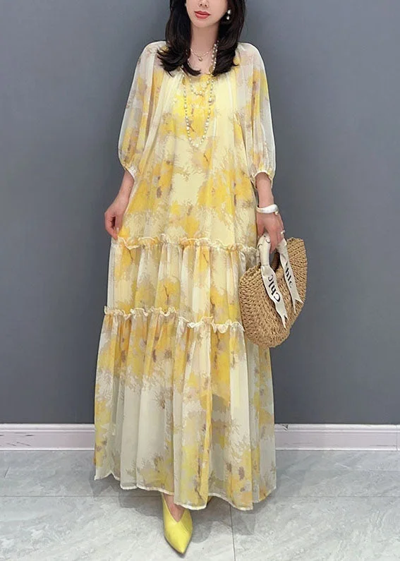 maxi dresses with removable beltsYellow Print Patchwork Cotton Long Dresses Wrinkled Summer