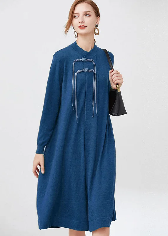 maxi dresses under $100Women Blue Stand Collar Wool Knit Long Dresses Long Sleeve