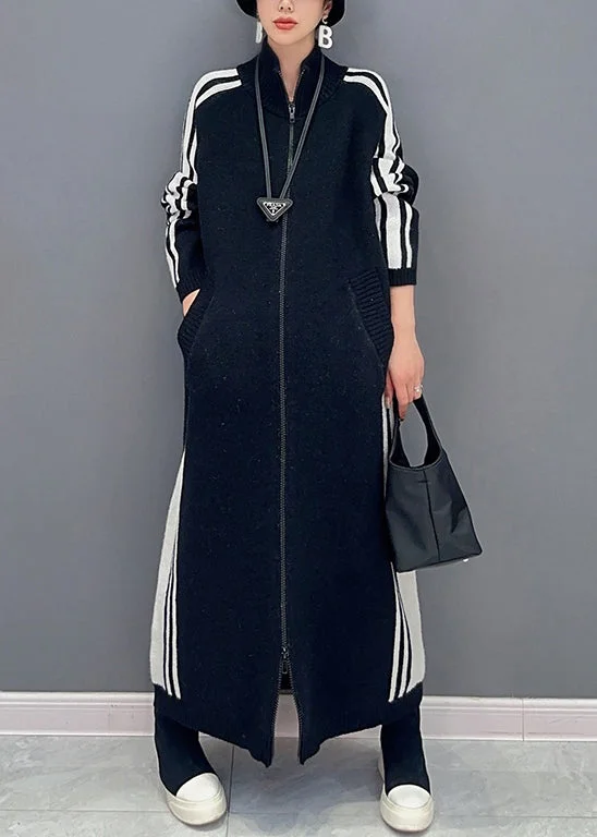 maxi dresses for layeringNew Black Striped Zip Up Pockets Cotton Knit Long Dress Fall