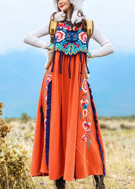 solid color maxi dressesFamous family style Orange Embroideried O-Neck Embroideried Patchwork Long Dress Sleeveless