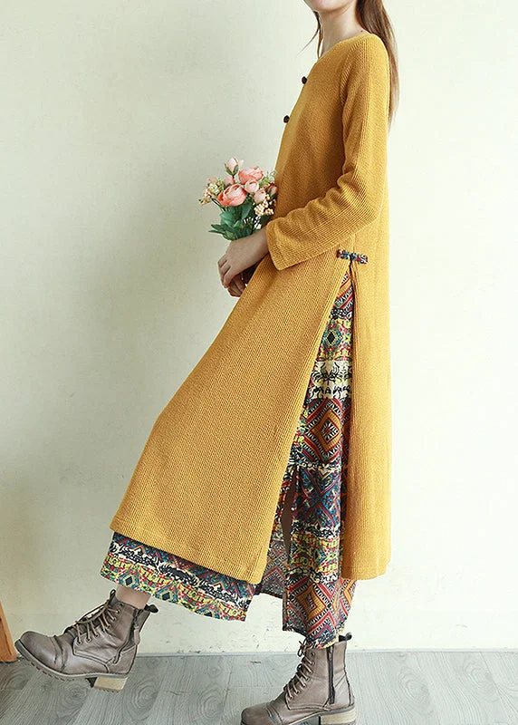 maxi dresses for date nightsVintage Yellow Button V Neck Patchwork Long Dresses Long Sleeve