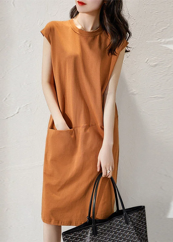 maxi dresses with flutter sleevesSlim Fit Orange O-Neck Pockets Long Dress Short Sleeve