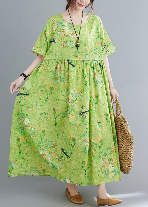 elegant maxi dressesPlus Size Green O-Neck Print Exra Large Hem Wrinkled Cotton Long Dress Short Sleeve