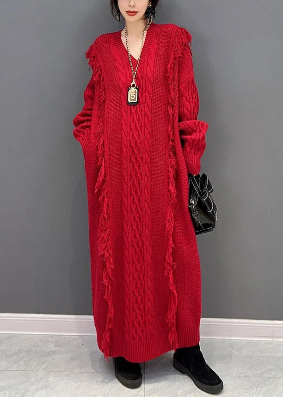 maxi dresses for plus-size bridesChic Red V Neck Tassel long Knit Dress Winter