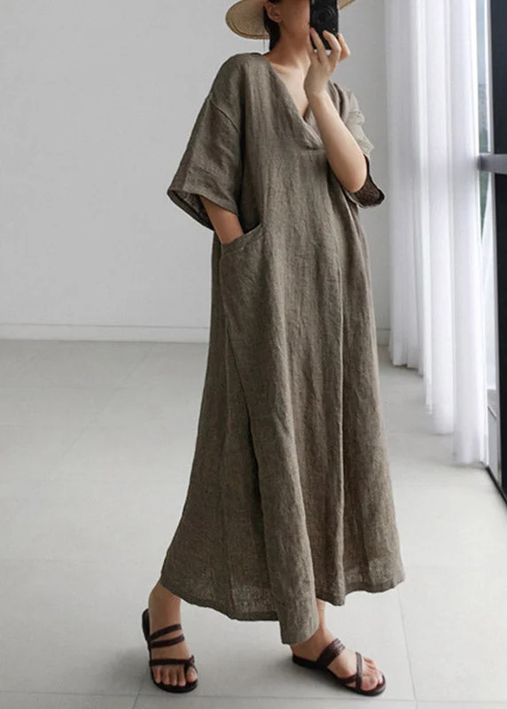 maxi dresses for casual FridaysPlus Size Grey Peter Pan Collar Pockets Linen Long Dresses Short Sleeve