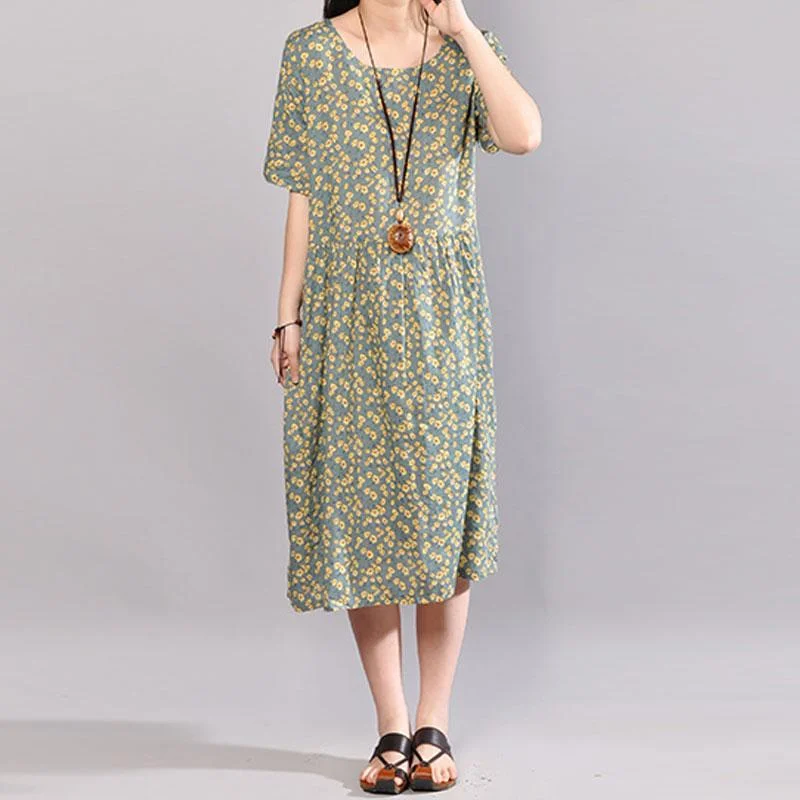 maxi dresses with spaghetti strapsvintage long cotton dresses trendy plus size Floral Printed Dresses Round Neck Short Sleeve Dress