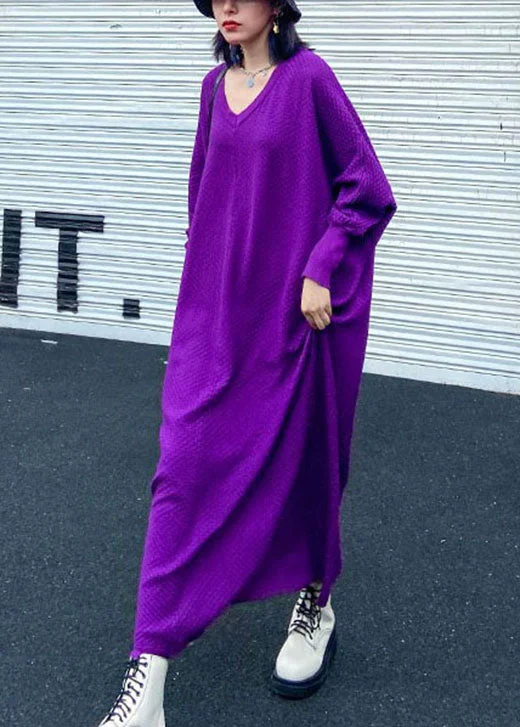 maxi dresses for maternity wearArt Purple V Neck Loose Casual Fall Long Knit Dress