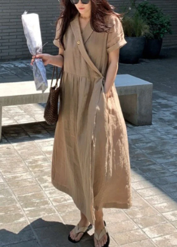 maxi dresses for petite womenChic Khaki Peter Pan Collar Patchwork Linen Long Dress Short Sleeve