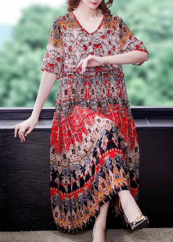 maxi dresses with removable beltsBohemian Red V Neck Print Draping Chiffon Long Dresses Short Sleeve