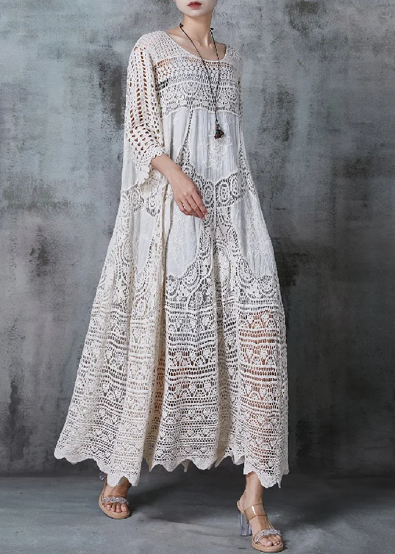 maxi dresses for cool weatherWomen White Oversized Hollow Out Lace Long Dress Summer