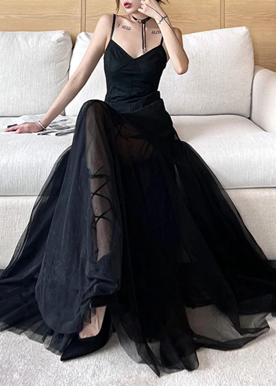 maxi dresses with sweetheart necksFrench Black Slash Neck Tulle Holiday Long Slip Dress Sleeveless