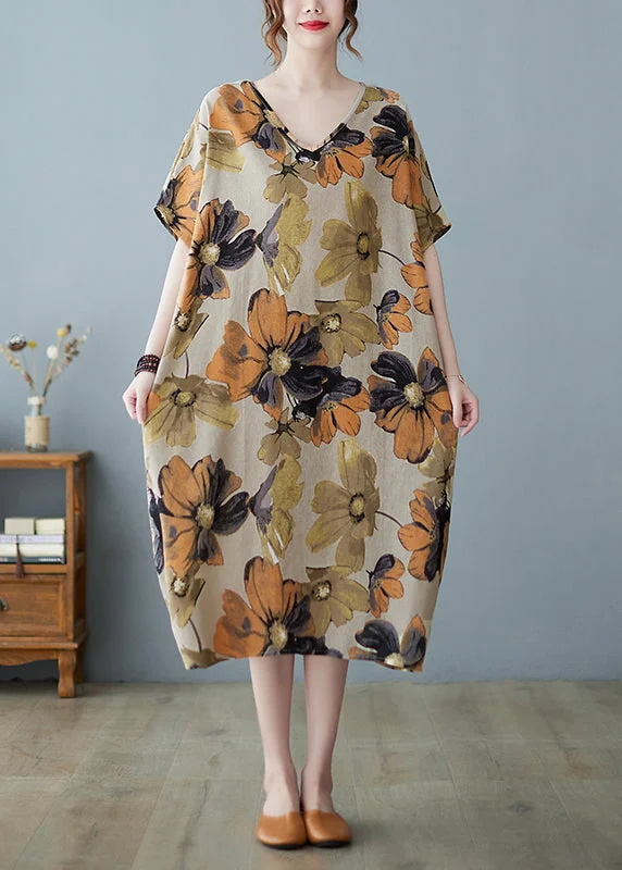 chiffon maxi dressesPlus Size Khaki V Neck Print Long Dress Short Sleeve